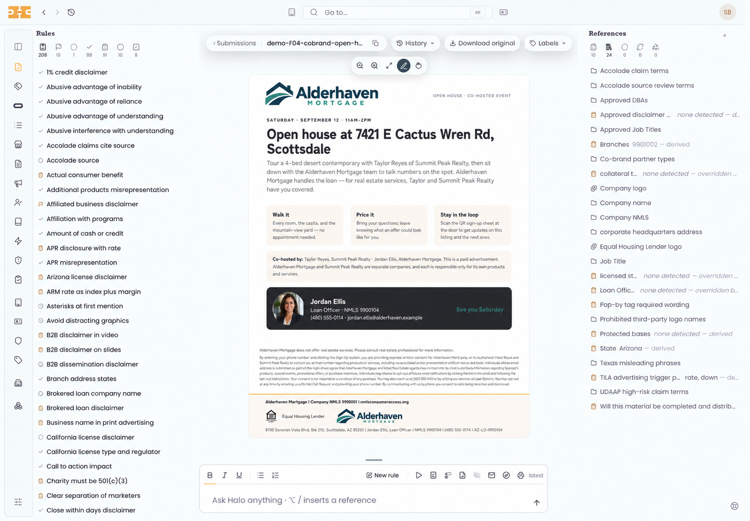 Halo review workspace with collapsed navigation, Rulebook, demo collateral, and References.